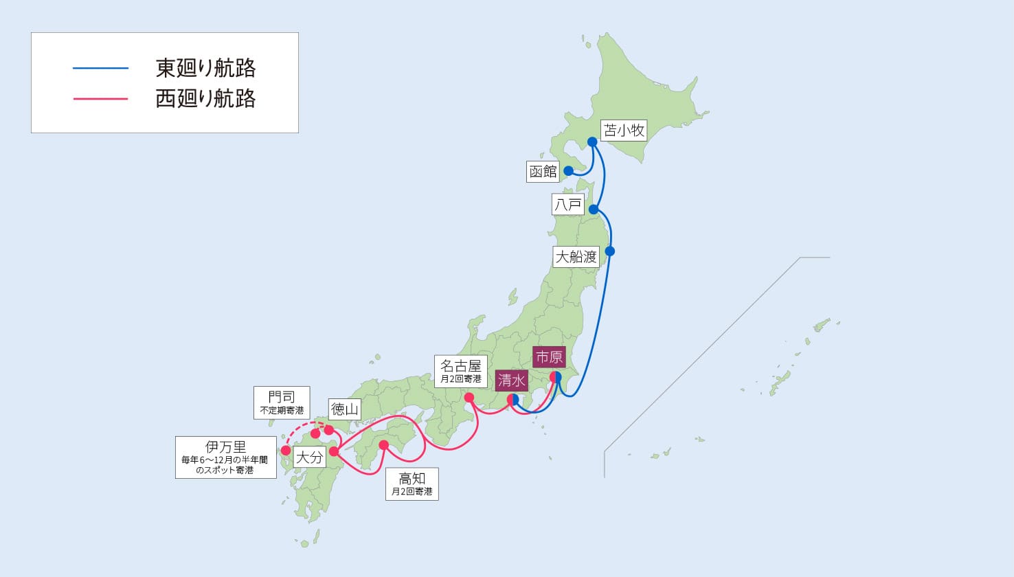 北海道から九州に至る、鈴与のコンテナ船輸送網